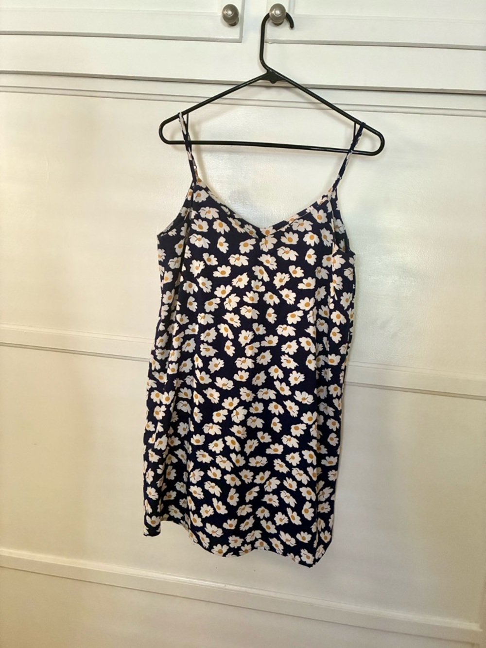 Navy Floral Slip Dress with White & Yellow Daisies Floral Flower Summer Tank
